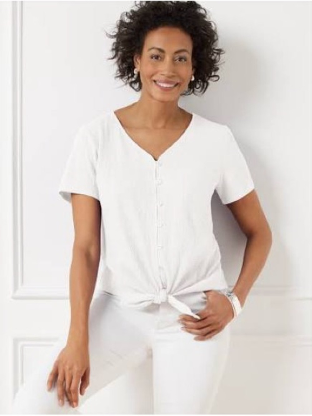 Talbots Women's White V-neck Textured Top with tie front and buttons 2X Plus NWT